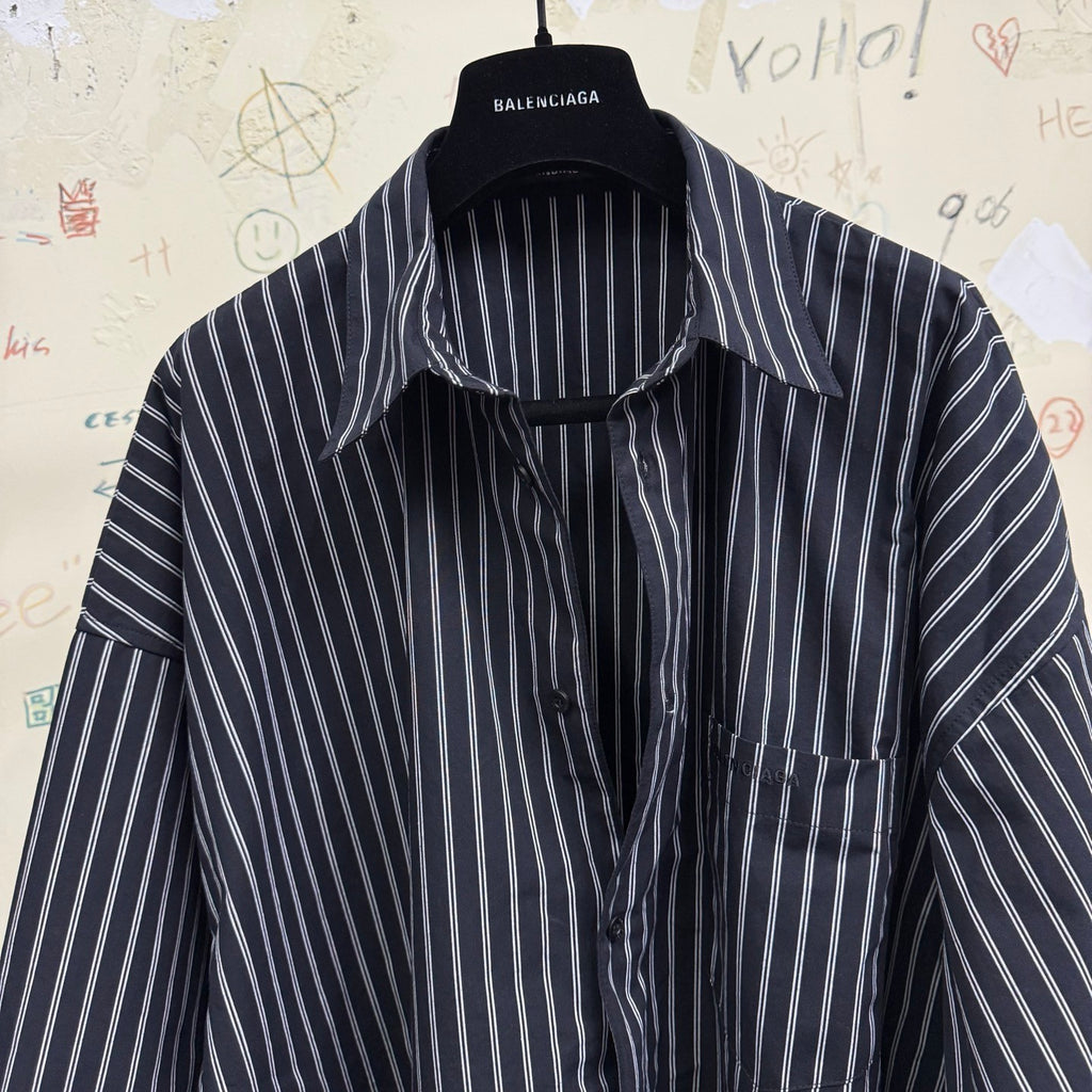 Balenciaga Women's Spring and Fall Flatground Black and White Striped Cotton Poplin Single Breasted Long Sleeve Shirt #76489