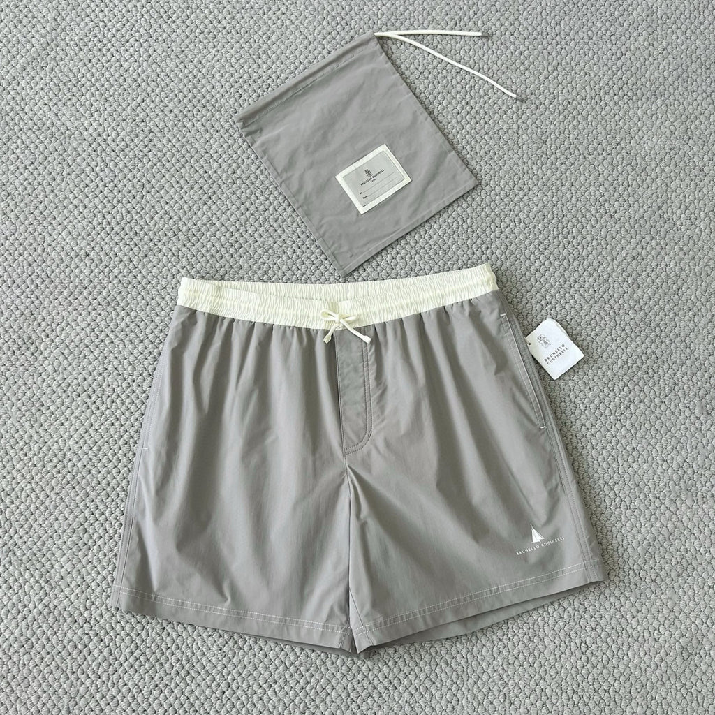 Brunello Cucinelli  Nylon Swim Shorts With Contrast Details And Print Men's Spring Summer Holiday Beach Shorts Colour Block Fashion Casual Pants #77277