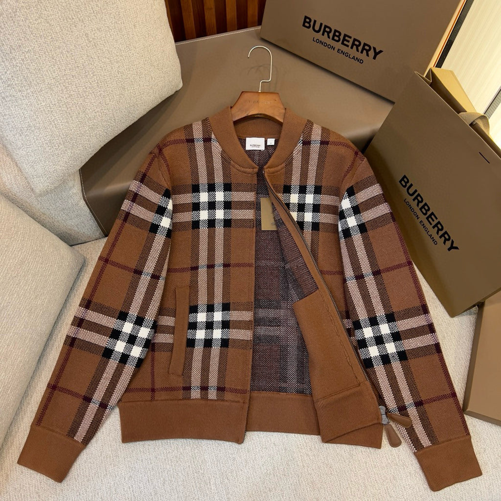Burberry Men's Check Jacquard Wool Cashmere Knit Zipper Long Sleeve Jacket #74818