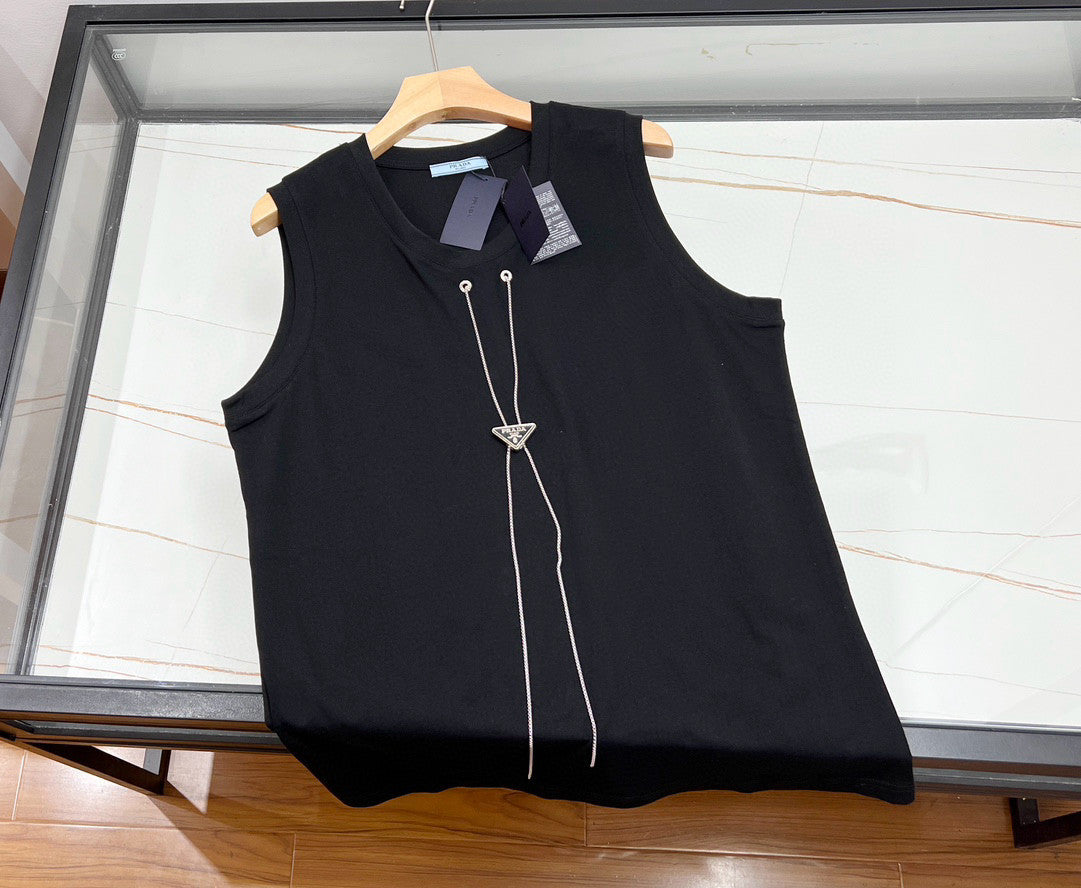 Prada Men's and Women's Summer Alphabet Iron Tag Hanger Chain Solid Colour Cotton Sleeveless Tank Top Vest #97868