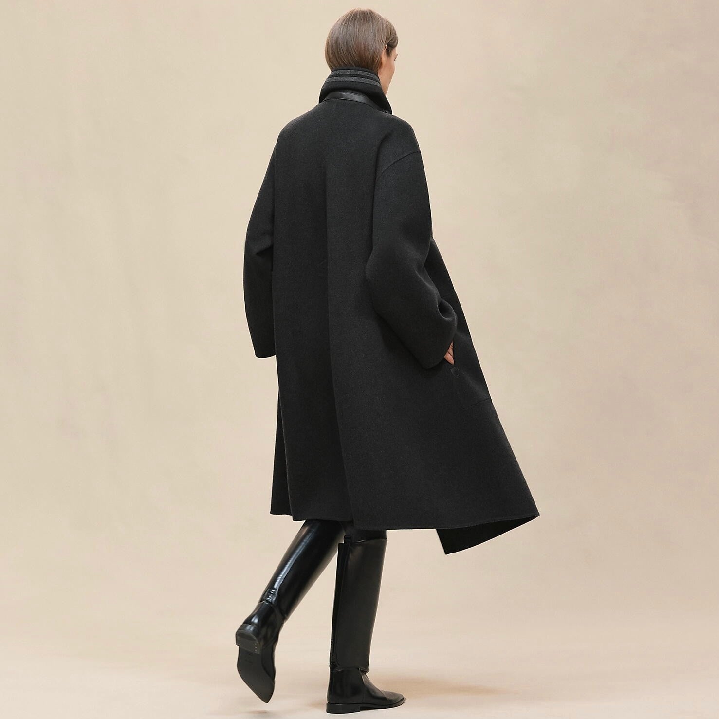 Hermes Men's And Women's Reversible Double-Faced Wool-Cashmere Blend Stand Collar Long Coat Jacket Ngvp #2578