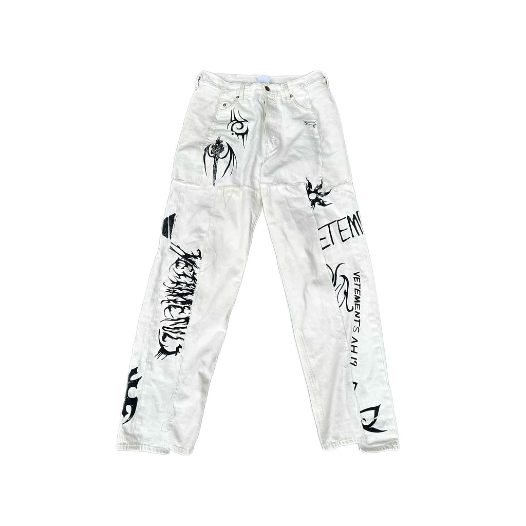 Vetements Men's High Street Vintage Show Co-branded Opium Deconstructed Splicing Tattoo Print White Denim Pants Fashion Trend Casual Pants Ngvp #2446