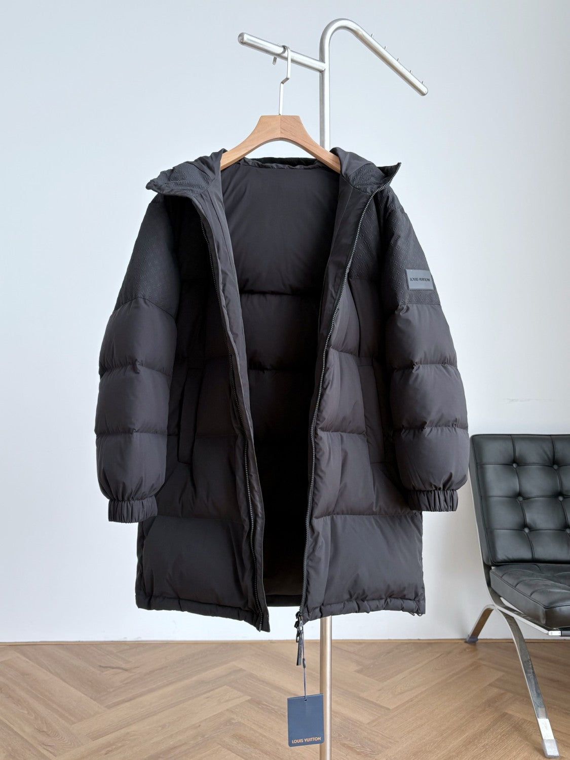 Louis Vuitton Men's and Women's Embossed Patchwork Mid Length Down Jacket #333370
