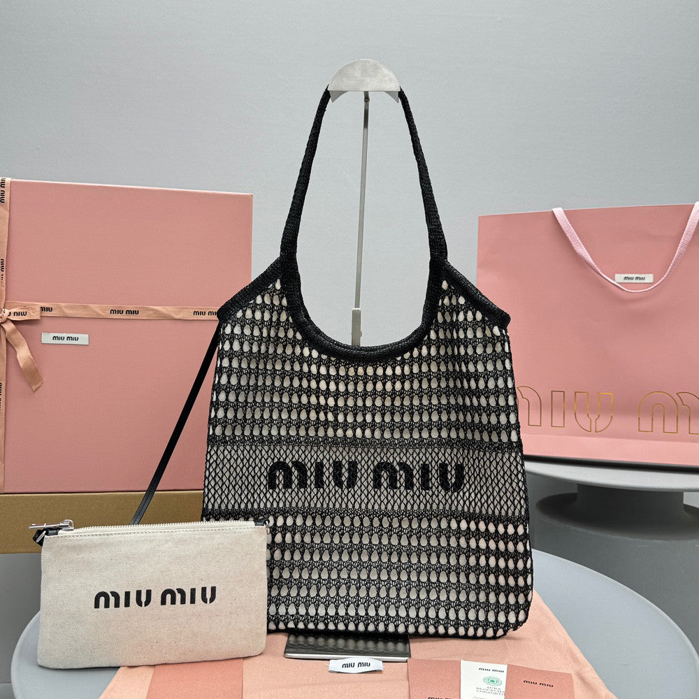 MiuMiu IVY Raffia Women's Solid Color Linen Woven Mesh Letter Print Shopping Bag Shoulder Bags #77355