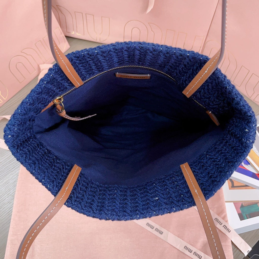 MiuMiu Women's Logo Embroidery Raffia Patchwork Cotton Thread Woven Shopping Bag Shoulder Tote Bags #76743