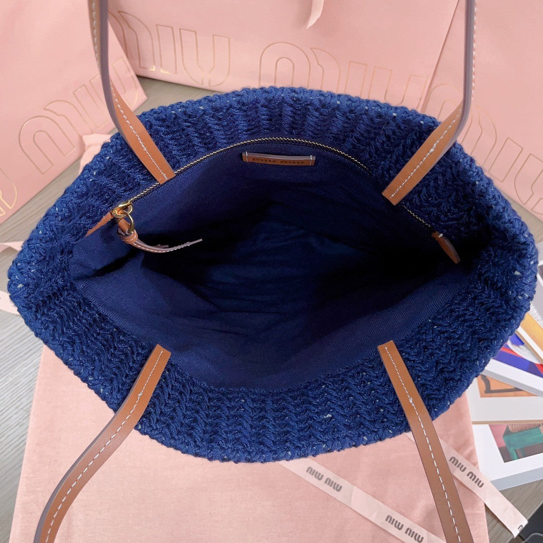 MiuMiu Women's Logo Embroidery Raffia Patchwork Cotton Thread Woven Shopping Bag Shoulder Tote Bags #76743