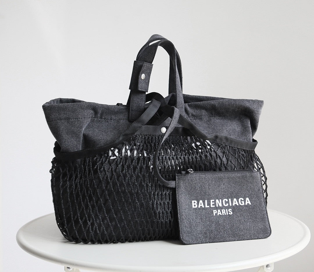 Balenciaga Women's Monogrammed Printed Drawstring Closure Mesh Pocket Tote Bag Bags #75669