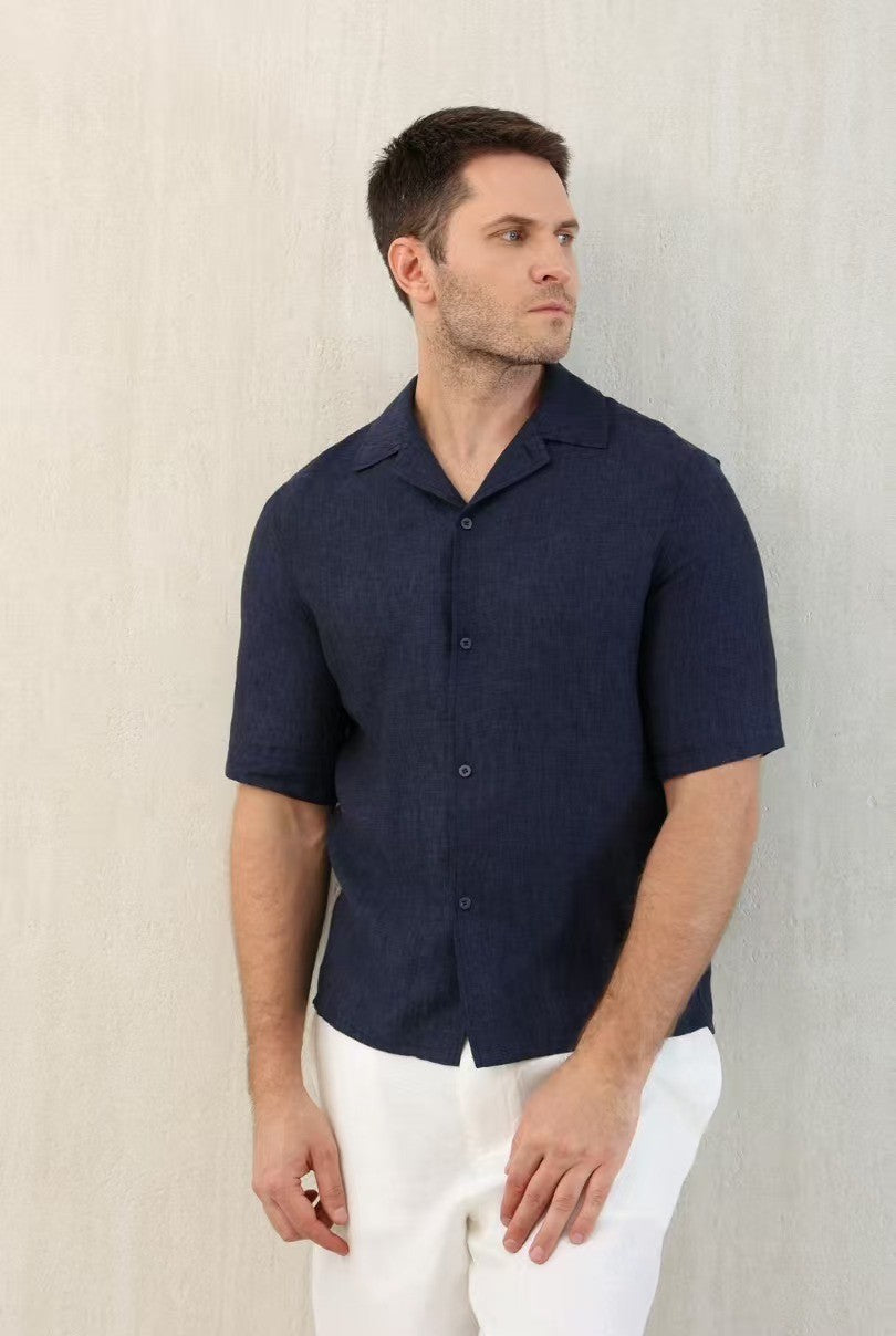 Brunello Cucinelli Men's Linen Loose Summer Single-Breasted Solid Color Lapel Short Sleeve Shirt Ngvp #1454