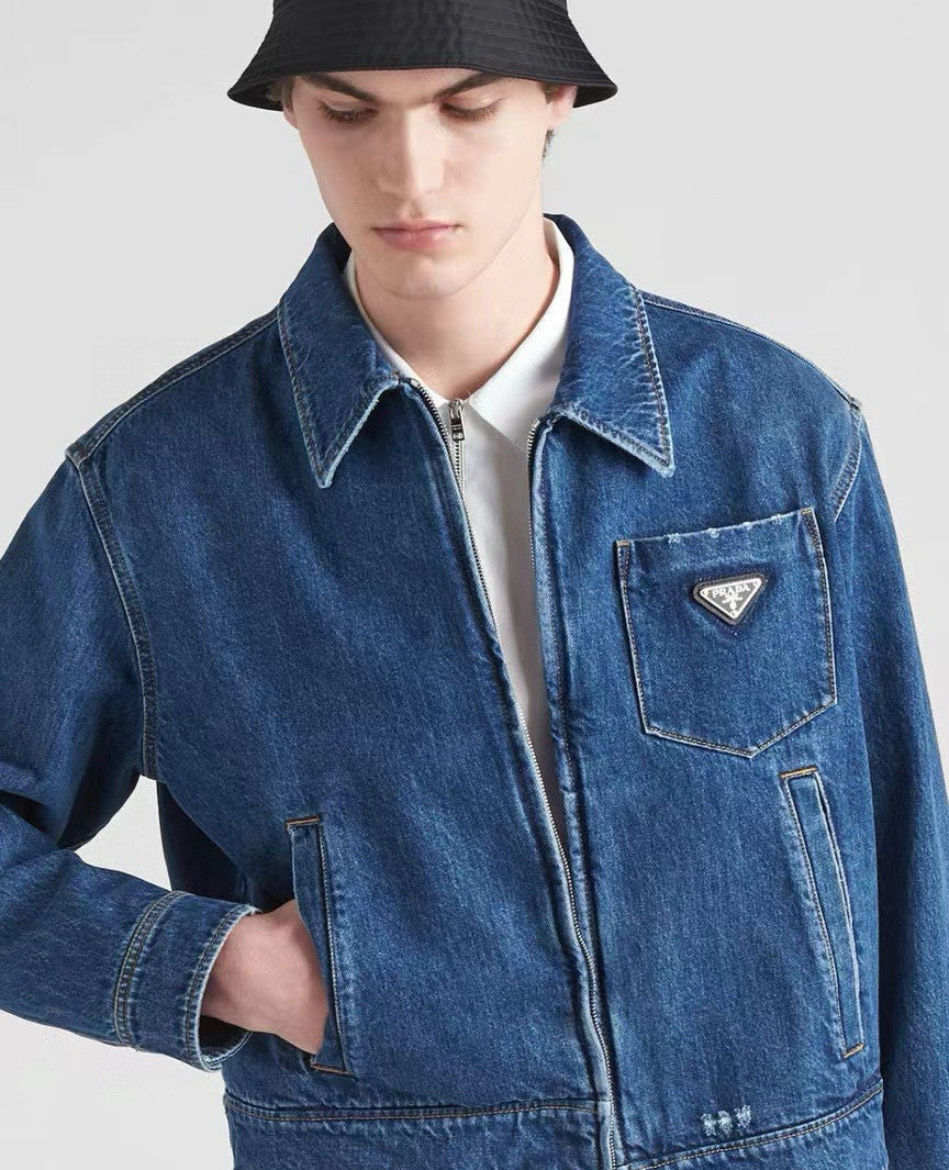 Prada Women's Spring/Fall Fashion Casual Zipper Collar Logo Triangle Emblem Denim Jacket #78971