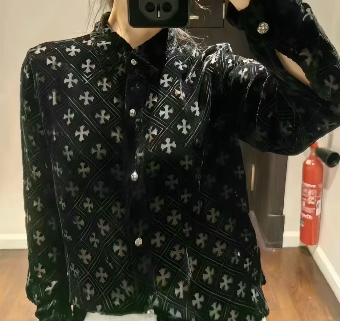Chrome Hearts Women's Summer Fashion Hollow Cross Black Velvet Single Breasted Long Sleeved Shirt #99825