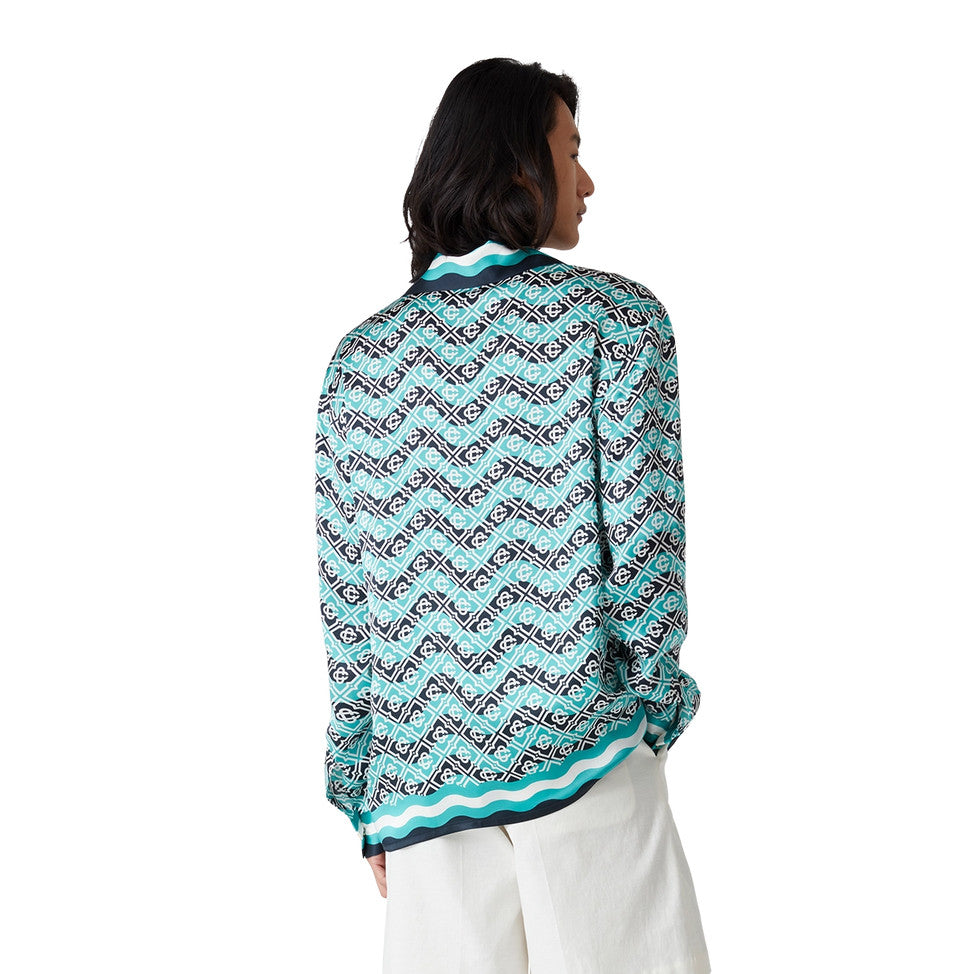 Casablanca Men's and Women's Fashion Casual Full Print Logo Silk Long Sleeve Shirt Elastic Drawstring Waist Full Print Logo Silk Long Pants Suit Set #78594