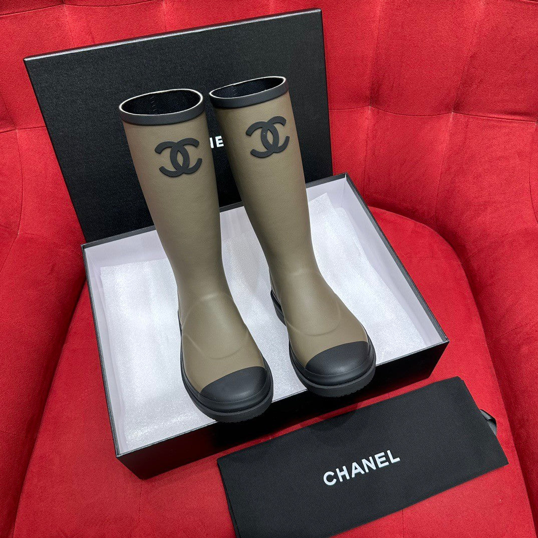Chanel 25S Fashion Overalls Tall Boots Women's Beige Anti-Slip Rain Boots #332426