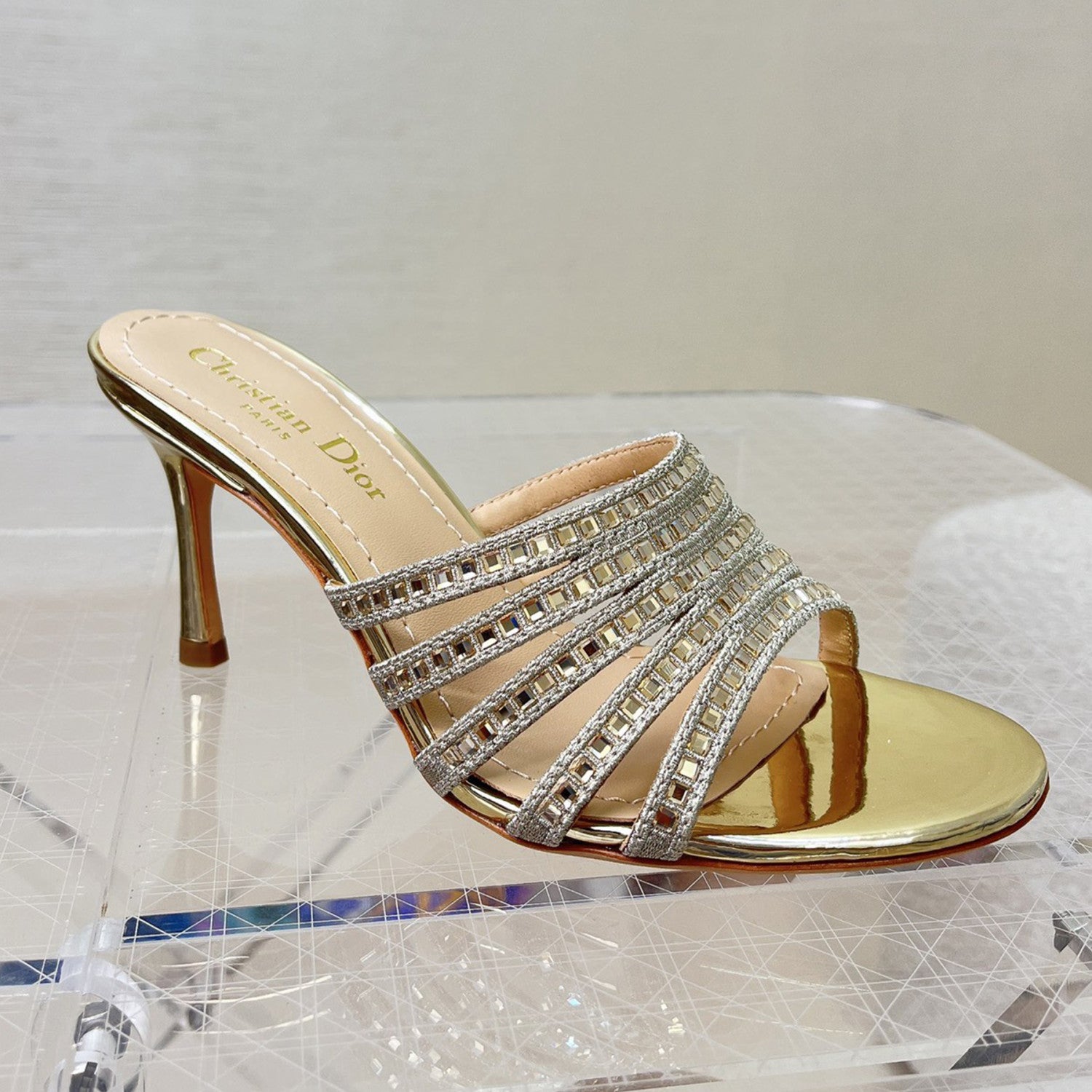 Dior Gem High Heel Fashion Sandals Slippers Women's Spring And Summer Black Silver Gold 8cm Leather Shoes Heel Fashion Temperament Sexy High Heel Shoes #81416
