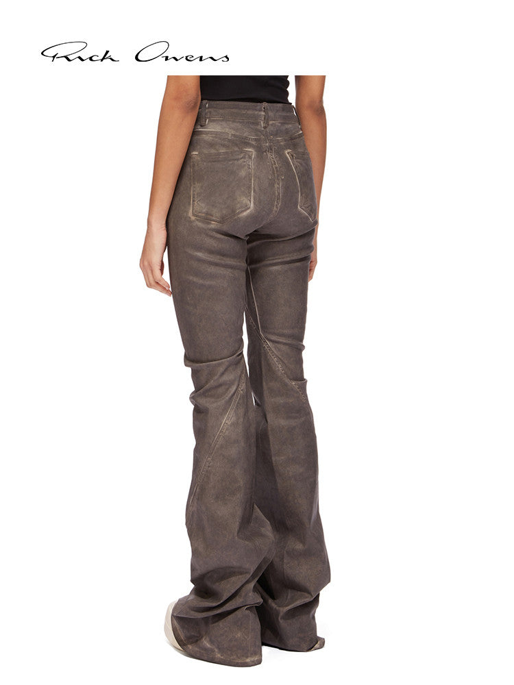 Rick Owens Men's Spring And Fall Do Old Desert Color Washed Flare Wide-leg Denim Pants Skinny Stacked Drag Ground Pleated Cat Whiskers Waste Soil Jeans Ngvp #2415
