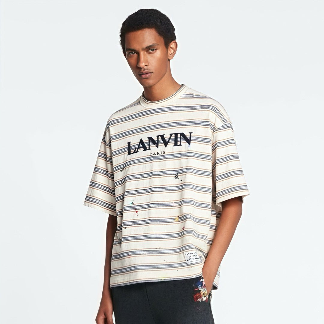 Lanvin X Gallery Dept Men's Summer Logo Letter Embroidery Stripe Round Neck Loose Short Sleeve T-Shirt #72353