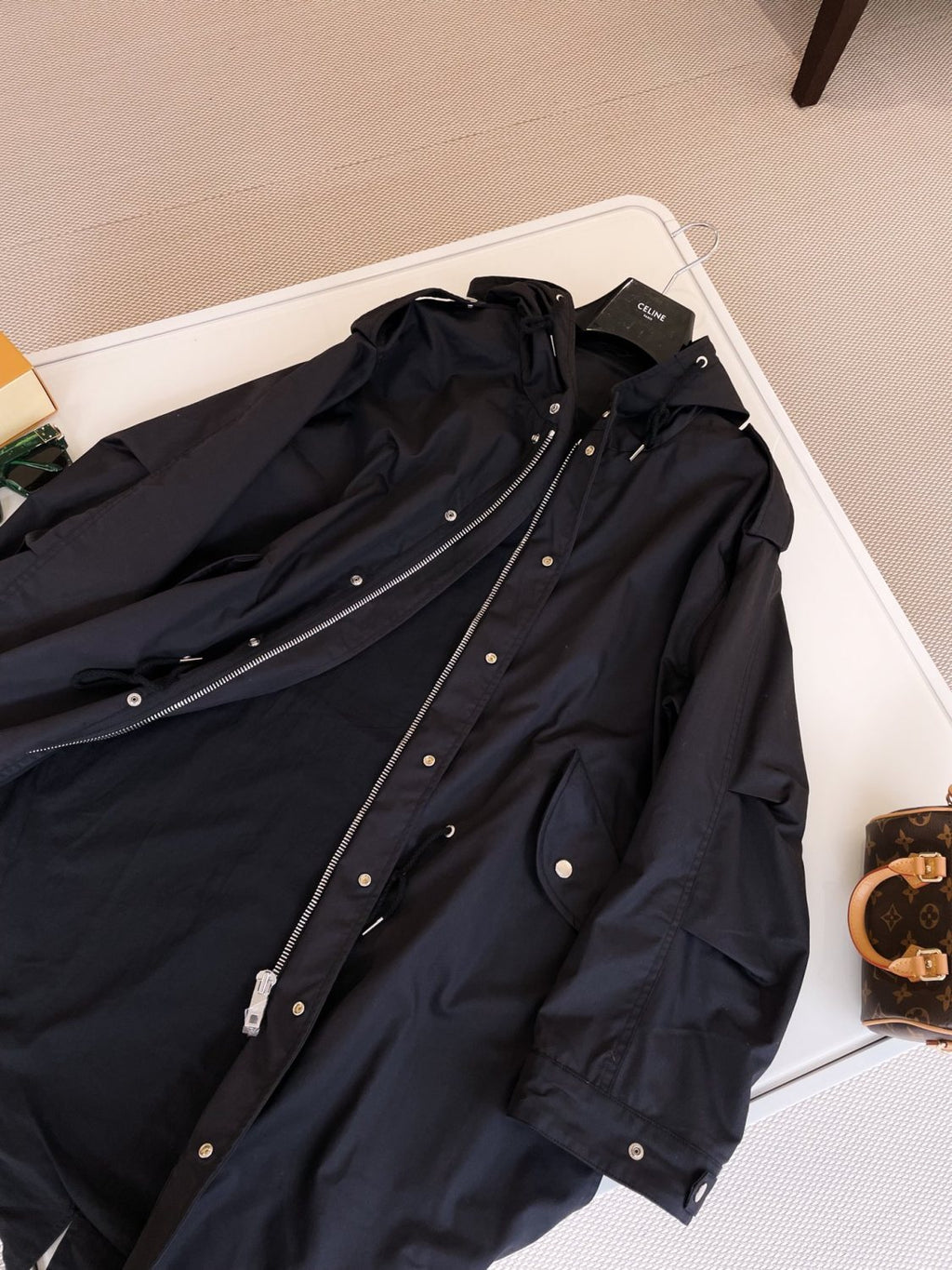 Celine Men's Spring and Autumn Black Hooded Pocket Zipper Parker Windbreaker Jacket #73178