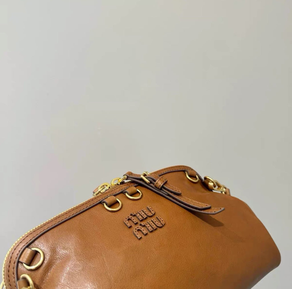MiuMiu Women's Caprice Calfskin Small Backpack Shoulder Bag Fashionable Brown Clutch Retro Brown 5BF131 #194801