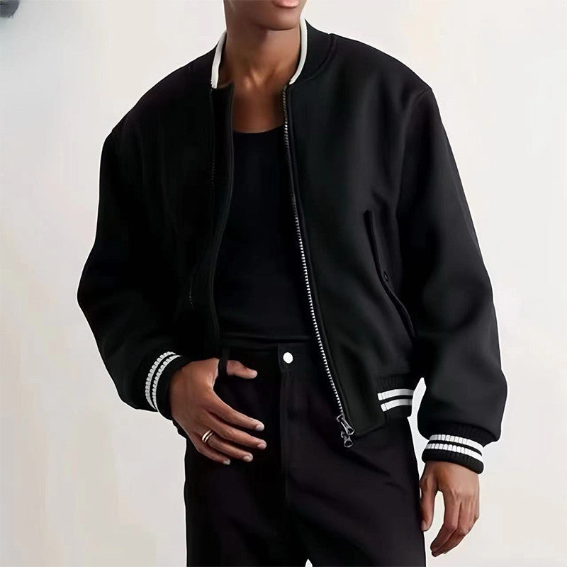 Dries Van Noten Men's Spring And Autumn Striped Zipper Casual Loose Wool Jacket Black Long Sleeved Round Neck Jacket Ngvp #7288