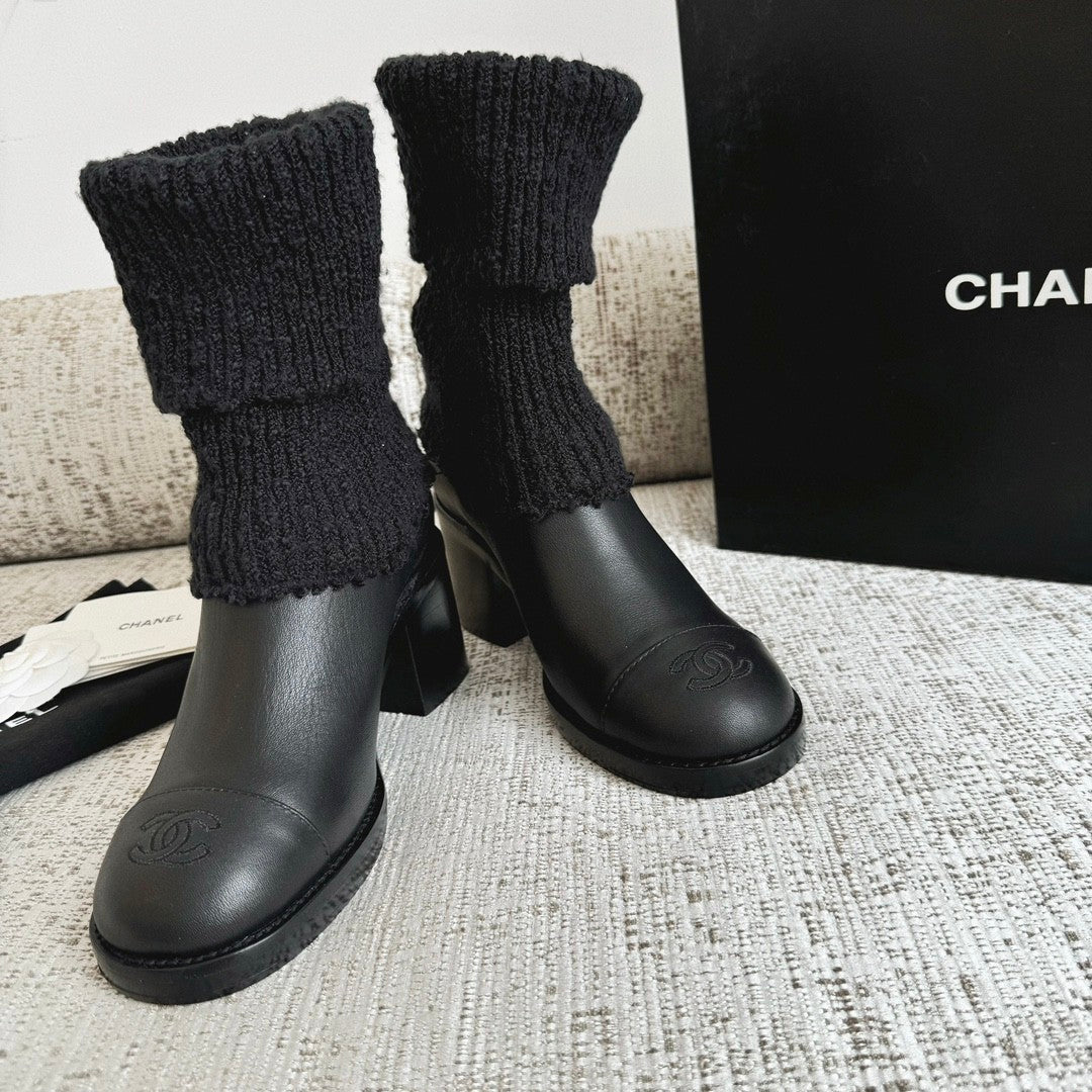 Chanel Women's Fall/winter Fashion Casual Round Toe Slip On Leather Cashmere Loop Cuff Mid Calf Boots Shoes #78536