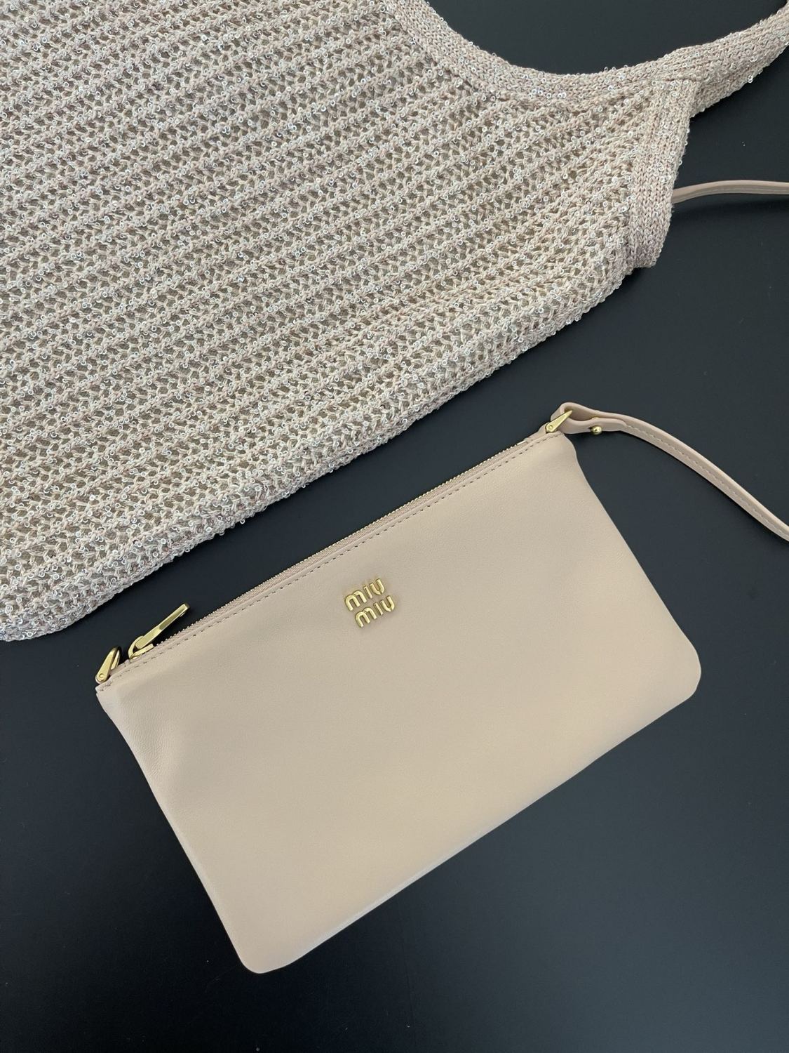 MiuMiu Ivy Sequin Mesh Women's Solid Color Sequined Shoulder Bag with Detachable Handbag Bags and Embroidered Letter Logo #77693