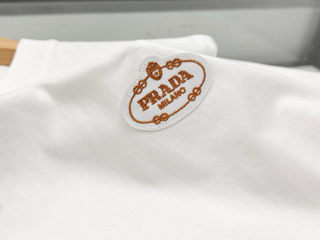 Prada Men's Summer Embroidered Logo Solid Color Round Neck Cotton Short Sleeve T-Shirt #74884
