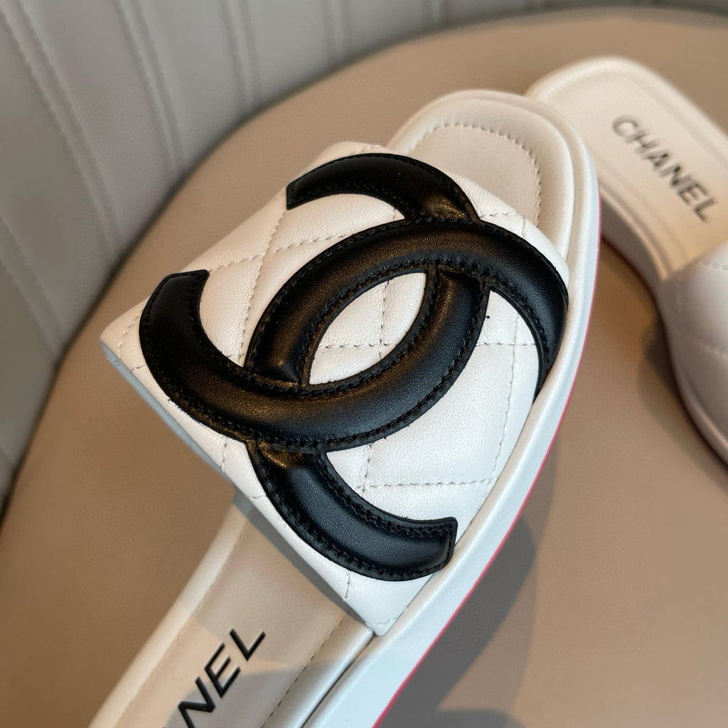 Chanel Women's Summer Double C Print Solid Color Leather Sandals Slippers Shoes #77691