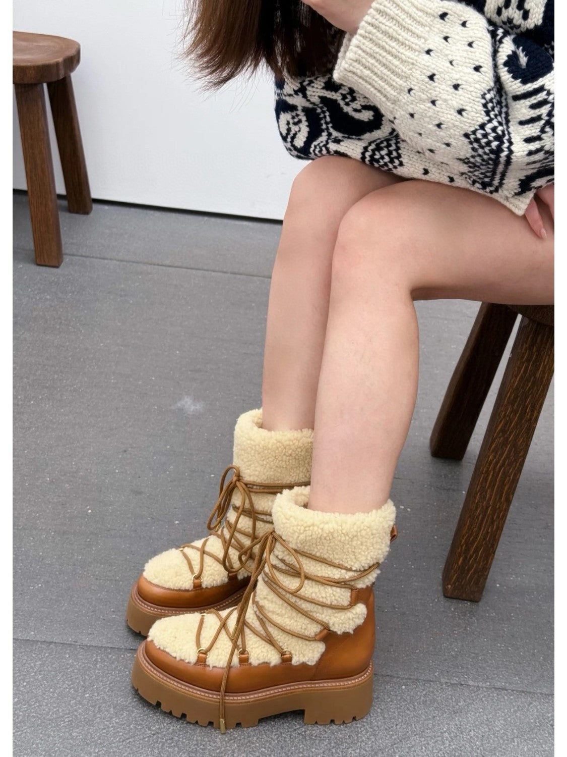 Celine Bulky Lace Up Boot in Shearling and Calfskin #292286
