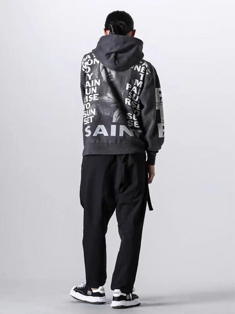 Saint Michael x Pay Money To My Pain Men's Women's Spring And Autumn Cotton Patterned Printed Long Sleeve Fitted Black Hooded Sweatshirt Ngvp #9353