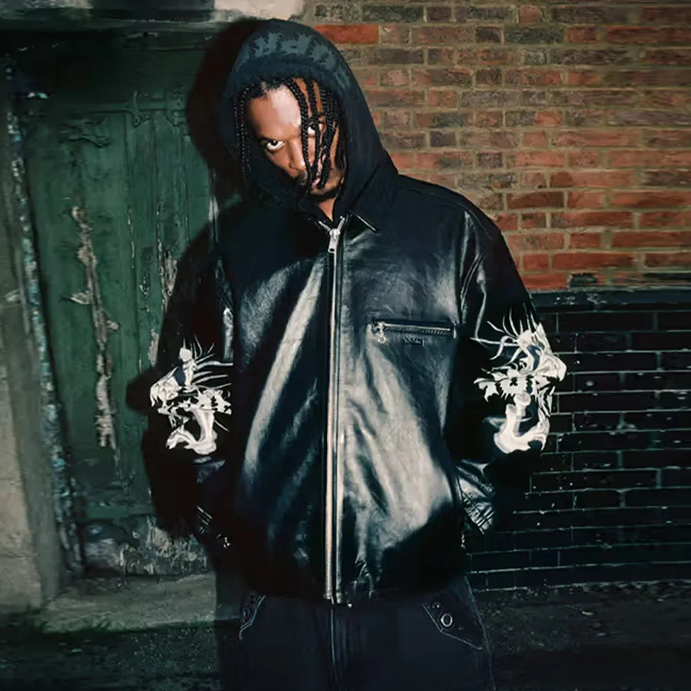 Supreme x Y's by Yohji Yamamoto Men's and Women's FW25 WEEK3 Leather Fitted Casual Jacket With Printed Sleeves And Zip Closure #332325