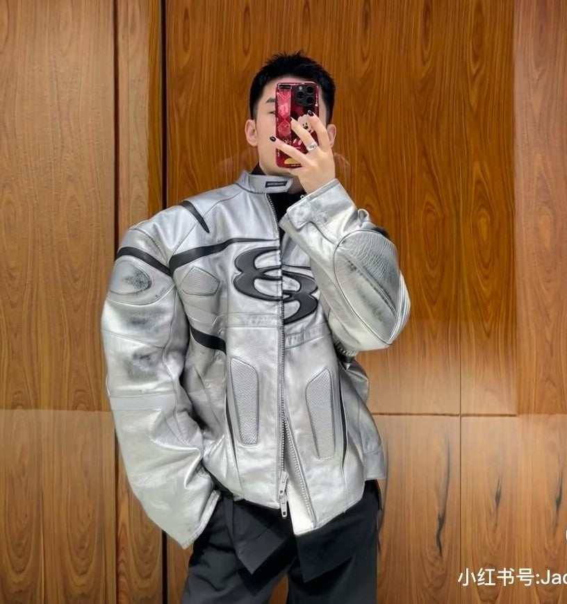 Balenciaga Men's Women's Autumn And Winter Cowhide Old Splicing Unity Sports Idol Silver Zipper Standing Collar Long Sleeve Loose Racer Jacket Ngvp #8579