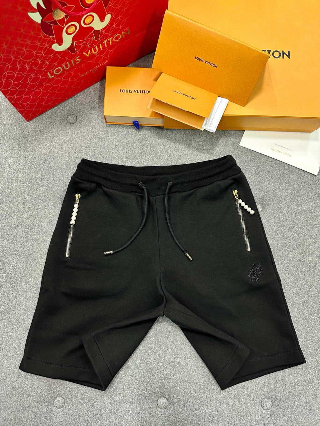 Louis Vuitton Men's Summer Black Embroidered Knit Fabric Casual Lace-Up Shorts Pants #98794