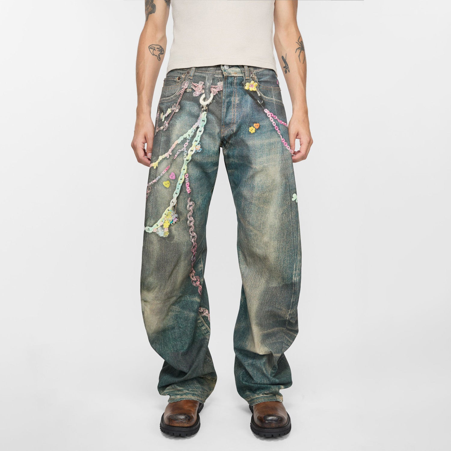 Acne Studios Men'S Women'S Four Seasons 3d Print Chain Print Loose Fit Jeans Fashion High Street Machete Pants Jeans  Ngvp #1343