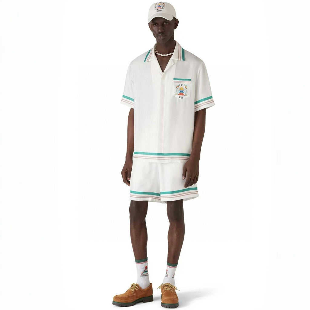 Casablanca Men's And Women's Summer Fashion Casual Cherry Blossom Pattern Silk Striped Collared Short Sleeved Shirt And Elastic Striped Shorts Set #78235