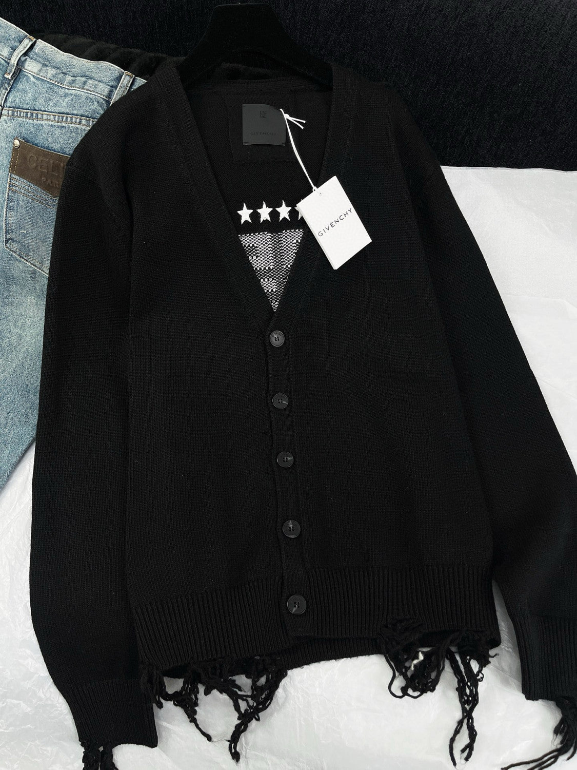 Givenchy Men's Spring Summer Black Cotton Knit V-Neck Long Sleeve Cardigan #97713