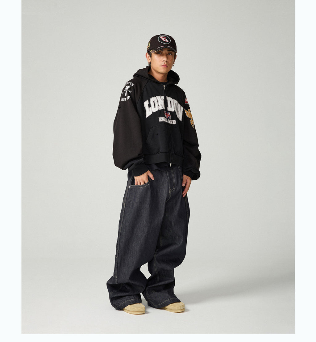 GRAILZ Men's Women's Zipper Doing Old Letter Print Double Pockets Solid Color Spring and Autumn Hooded Sweatshirt Ngvp #1913