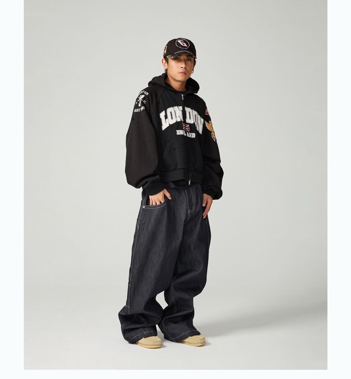 GRAILZ Men's Women's Zipper Doing Old Letter Print Double Pockets Solid Color Spring and Autumn Hooded Sweatshirt Ngvp #1913
