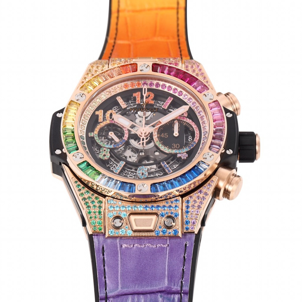 Hublot Men's Automatic Mechanical Movement Date Display Chronograph Skeleton with Colorful Diamonds Watch #76264