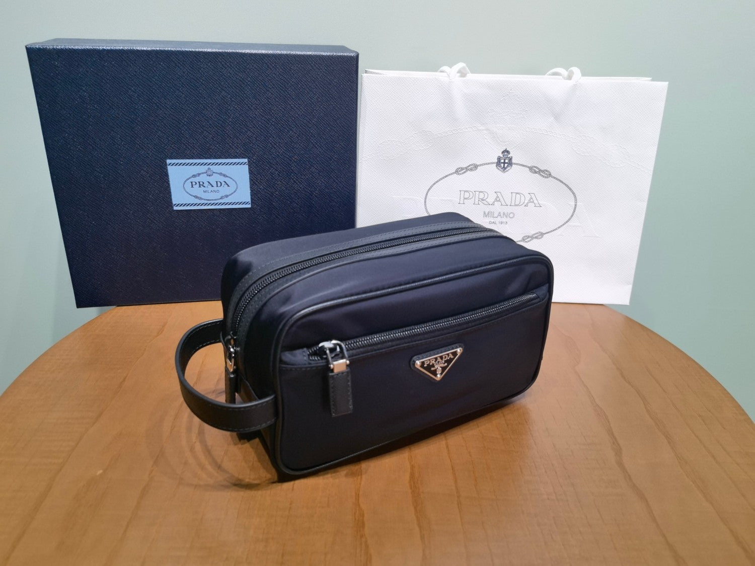 PRADA New Regenerated Nylon Enameled Triangle Logo Saffiano Leather Travel Storage Bag Toiletry Bag #332316