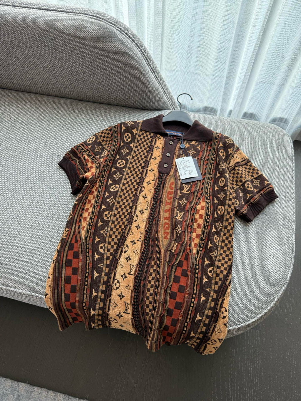 Louis Vuitton Men's Summer Logo Jacquard Knit Cotton-Blend Vintage Twist-Knit Short-Sleeve Polo T-Shirt #79424