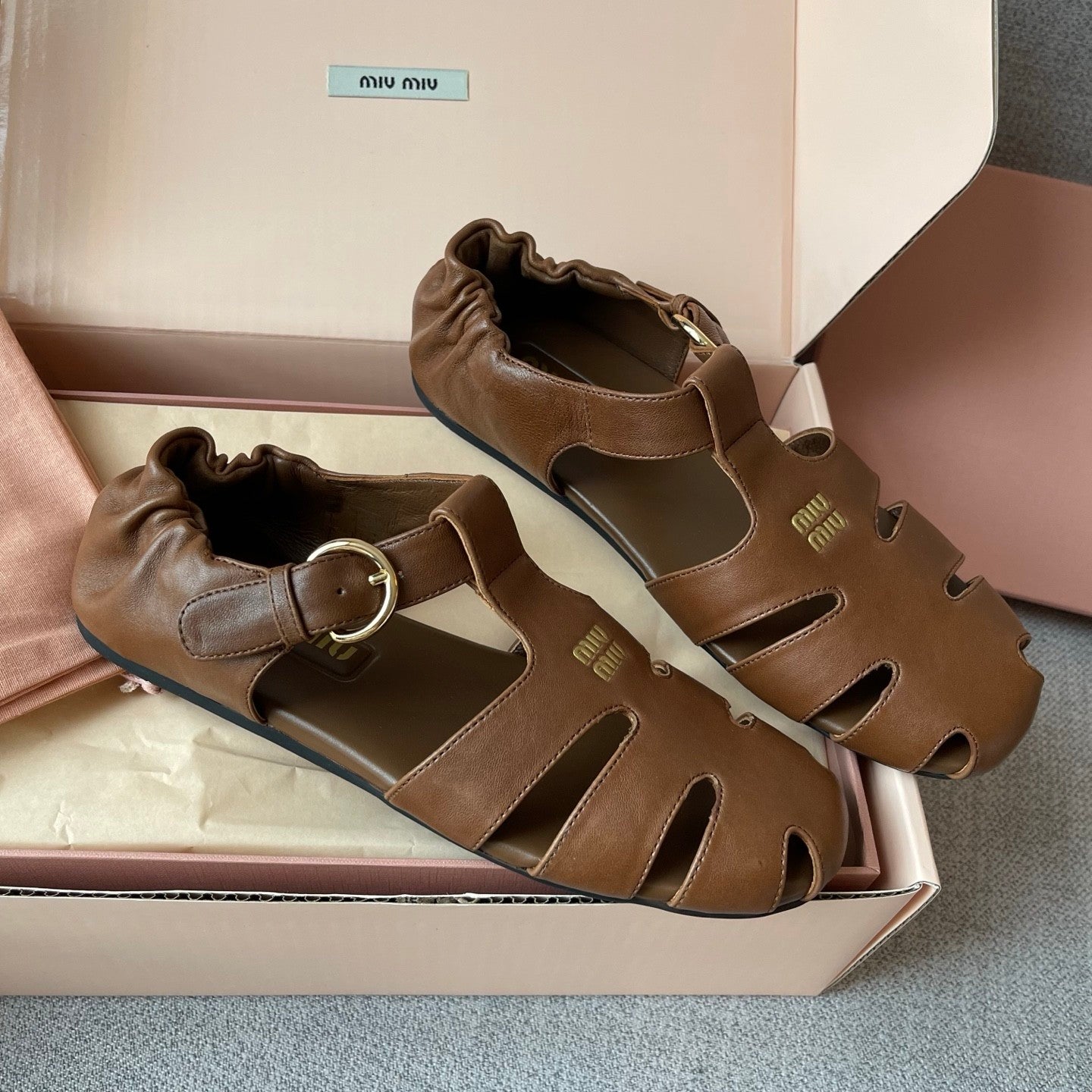 MiuMiu Briarwood Ruches Nappa Leather Fisherman Sandals #383957