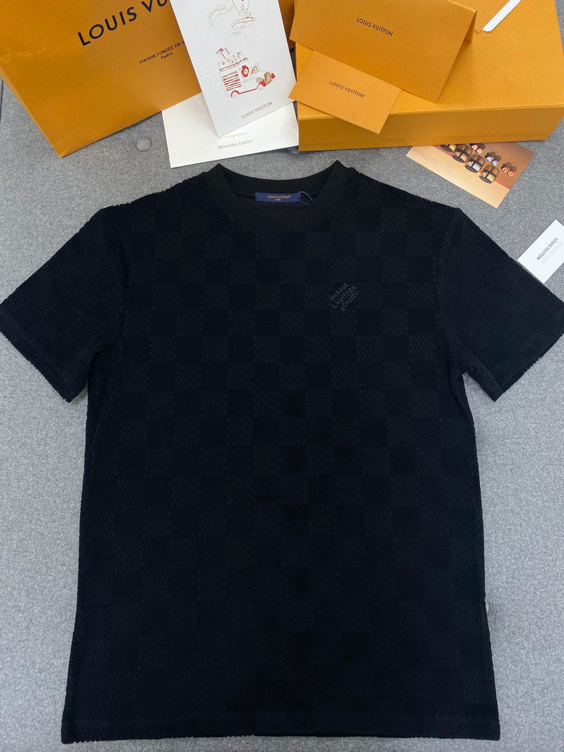 Louis Vuitton Men's Summer Black Embroidered Logo Printed Cotton Short Sleeve T-Shirt Casual Shorts Set Suit #76435