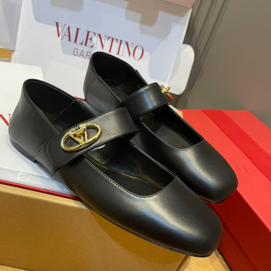 Valentino Women's Spring/Fall Fashion Classic Minimalist Elegant Solid Color Leather Flat Low Top Mary Jane Ballet Flats Shoes #79529