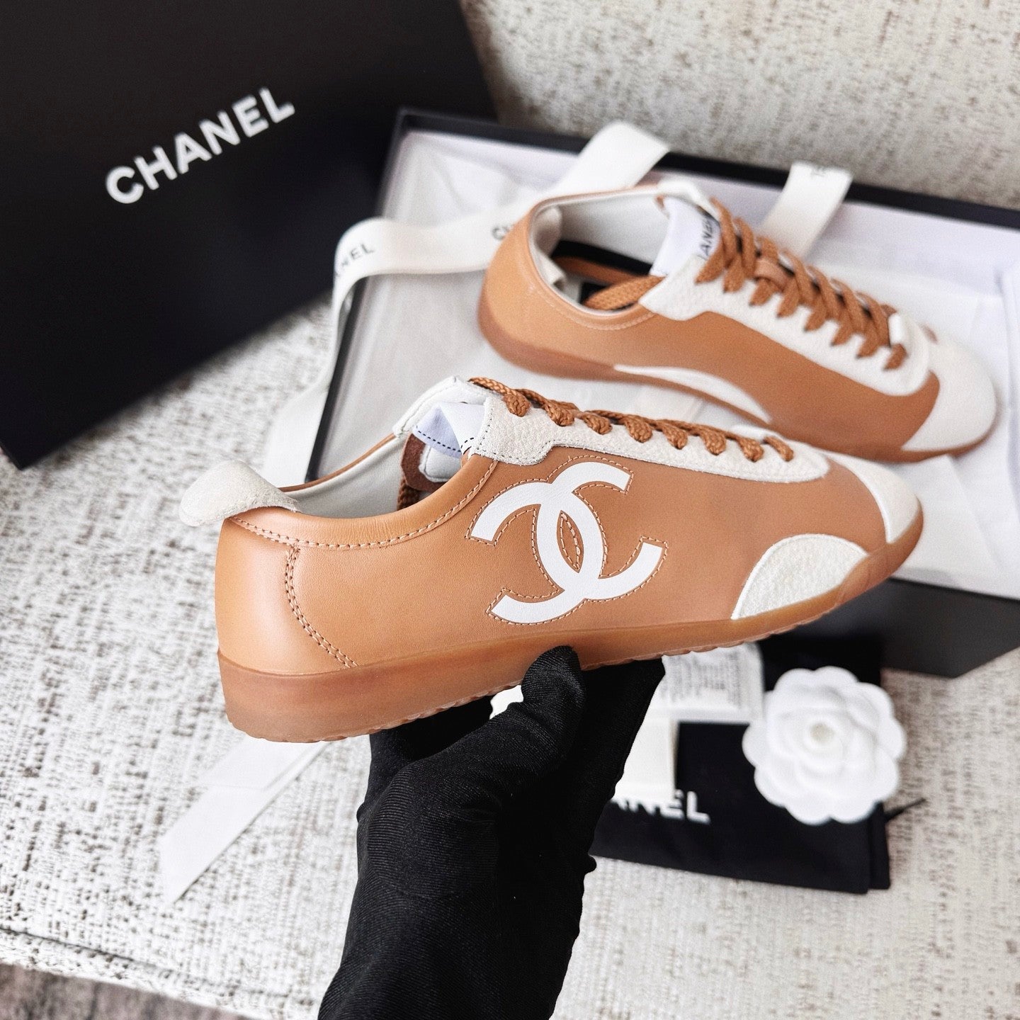 Chanel Sneakers Calfskin Embossed Suede Calfskin Black White #377420