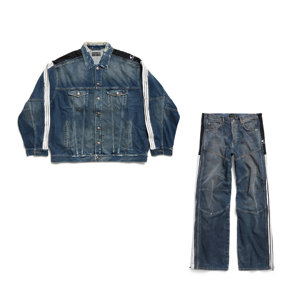 Balenciaga CUT- UP Men's Spring/fall Fashion Casual Washed Vintage Knit Fabric Lapel Single Breasted Denim Jacket With Zipper Or Button Closure Pair With Relaxed Fit Slouchy Jeans Suit Set #79511