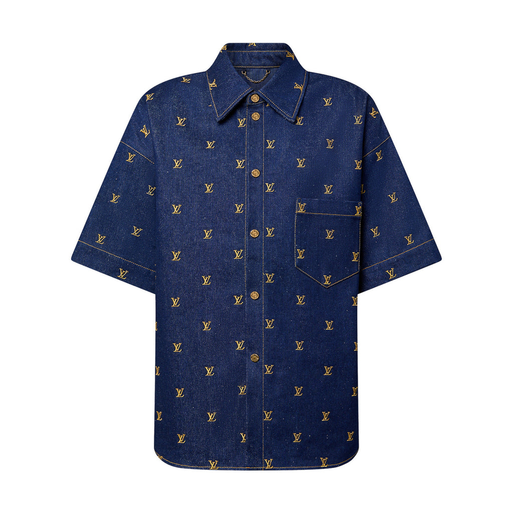 Louis Vuitton Men's Summer Logo Embroidery Blue Single Breasted Lapel Denim Short Sleeve Shirt Shorts Set Suit #98741