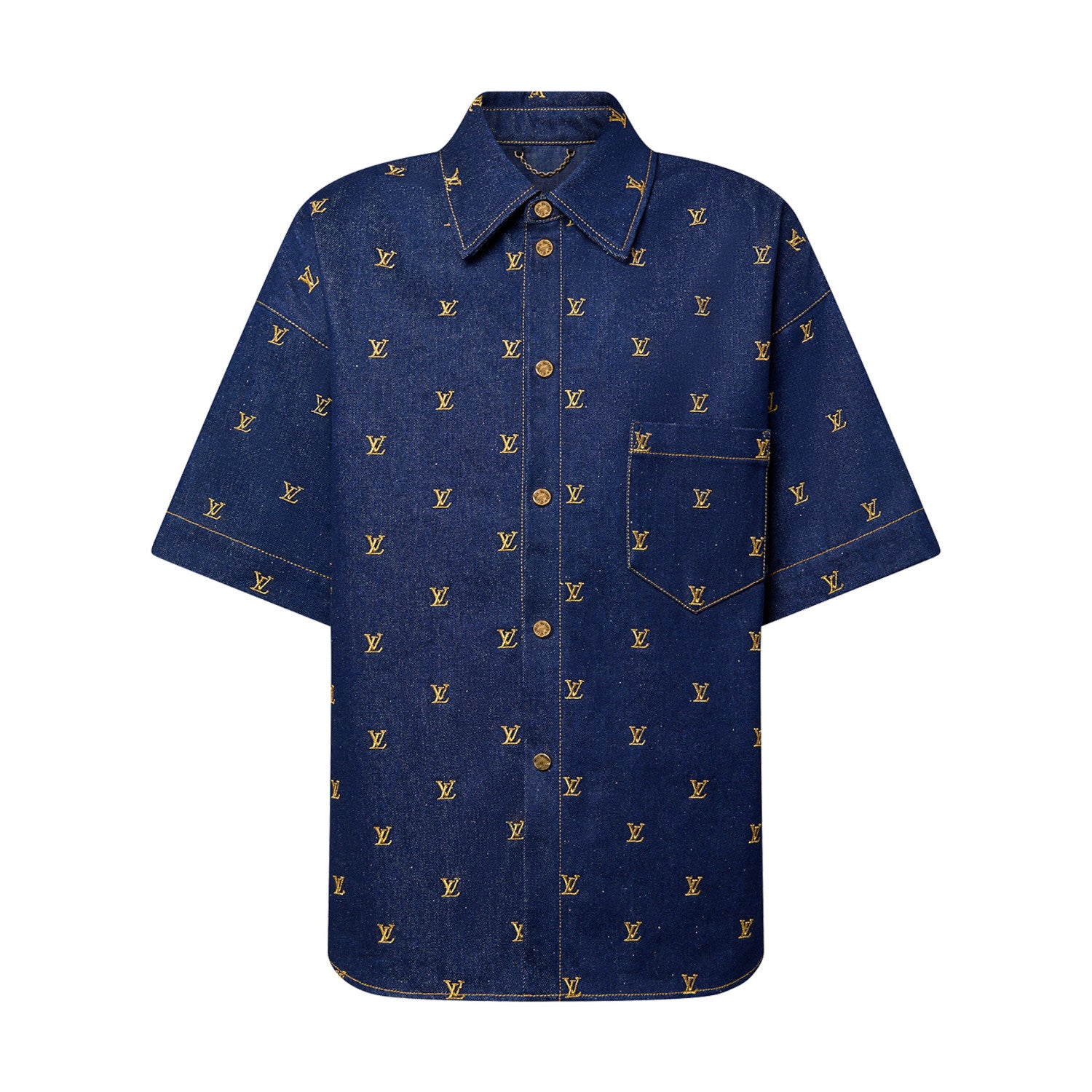 Louis Vuitton Men's Summer Logo Embroidery Blue Single Breasted Lapel Denim Short Sleeve Shirt Shorts Set Suit #98741