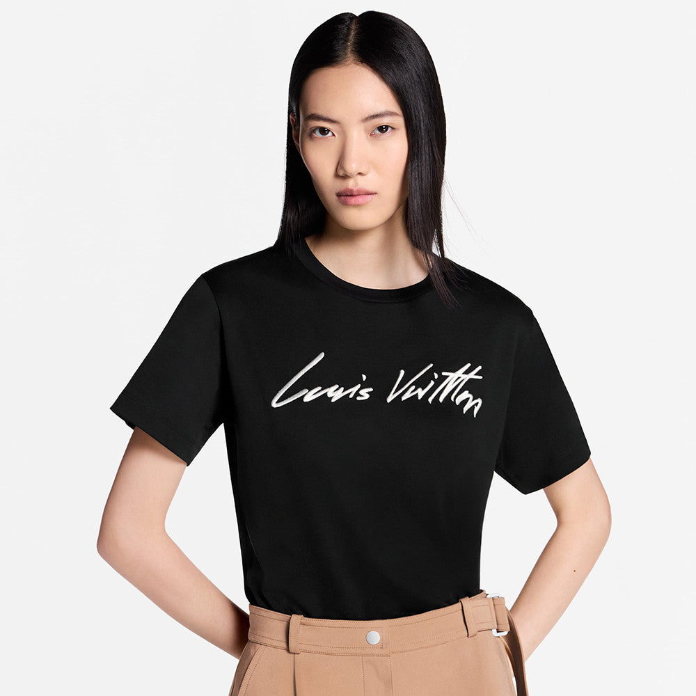 LOUIS VUITTON Women's and Men's Handwritten Logo T-shirt Simple Basic Style Embroidered letters ##332341