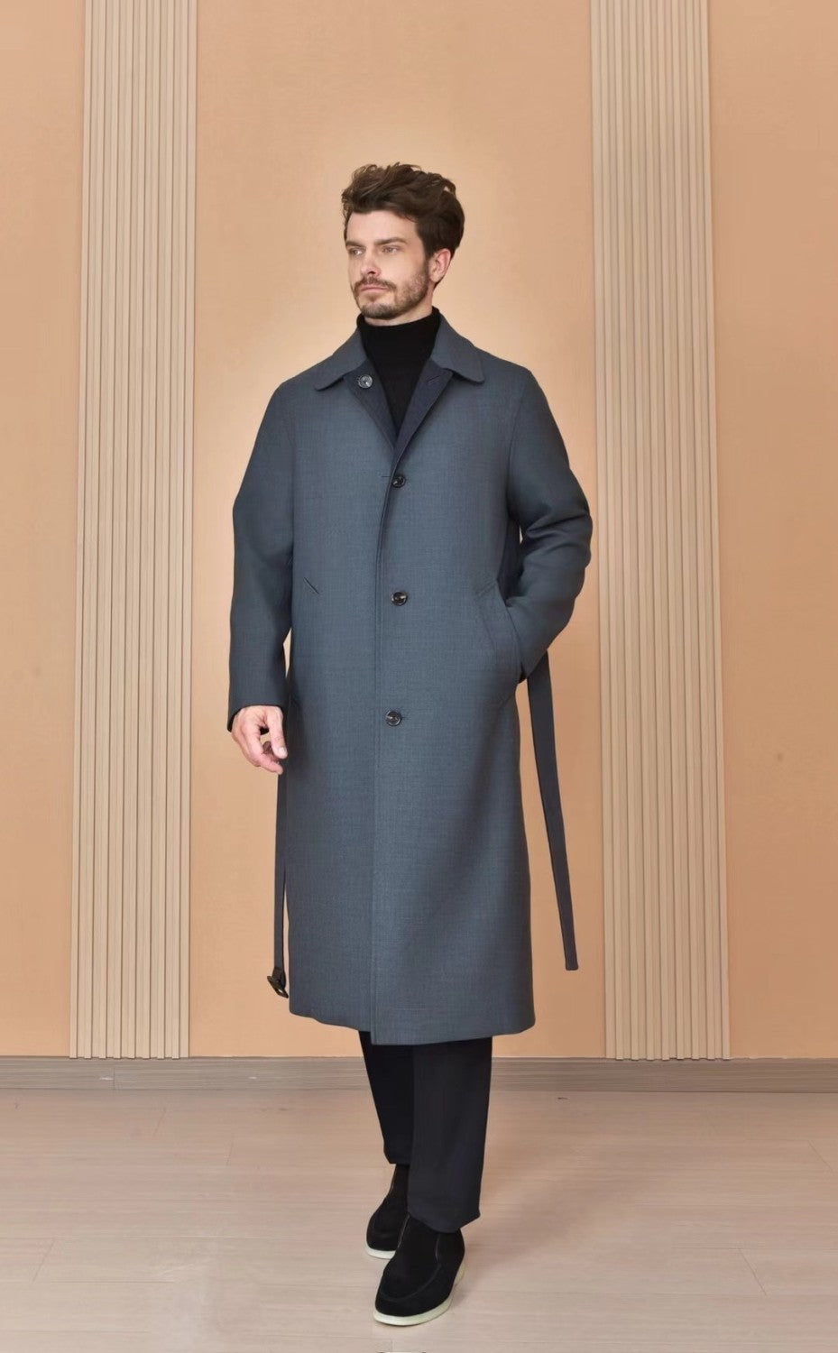 Loro Piana Men's Reversible Double-Faced Coat with Belt. Single-Button Lapel. Long Fit Jacket Ngvp #2336