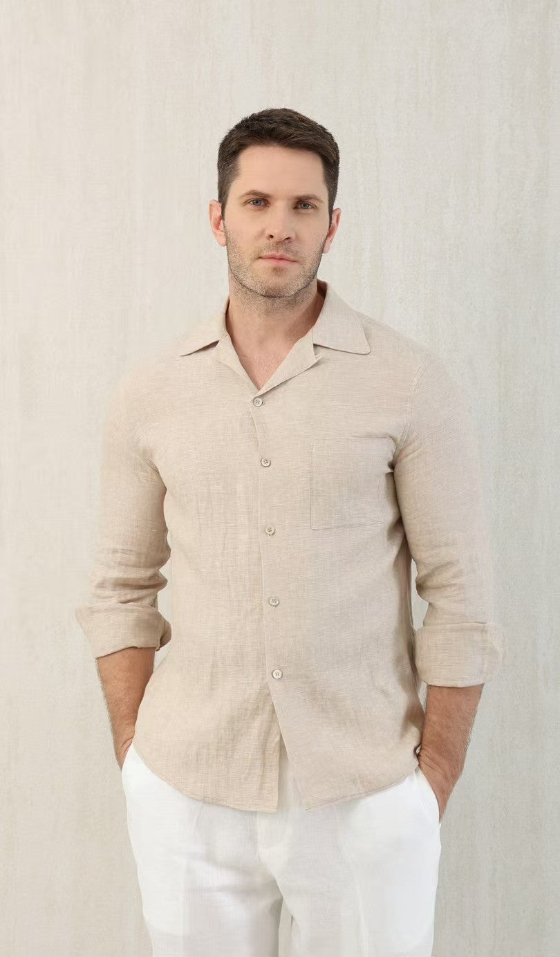 Brunello Cucinelli Men's Linen Easy Fit Shirt with Camp Collar and Chest Pocket Spring And Autumn Solid Color Long Sleeve Top Ngvp #1455