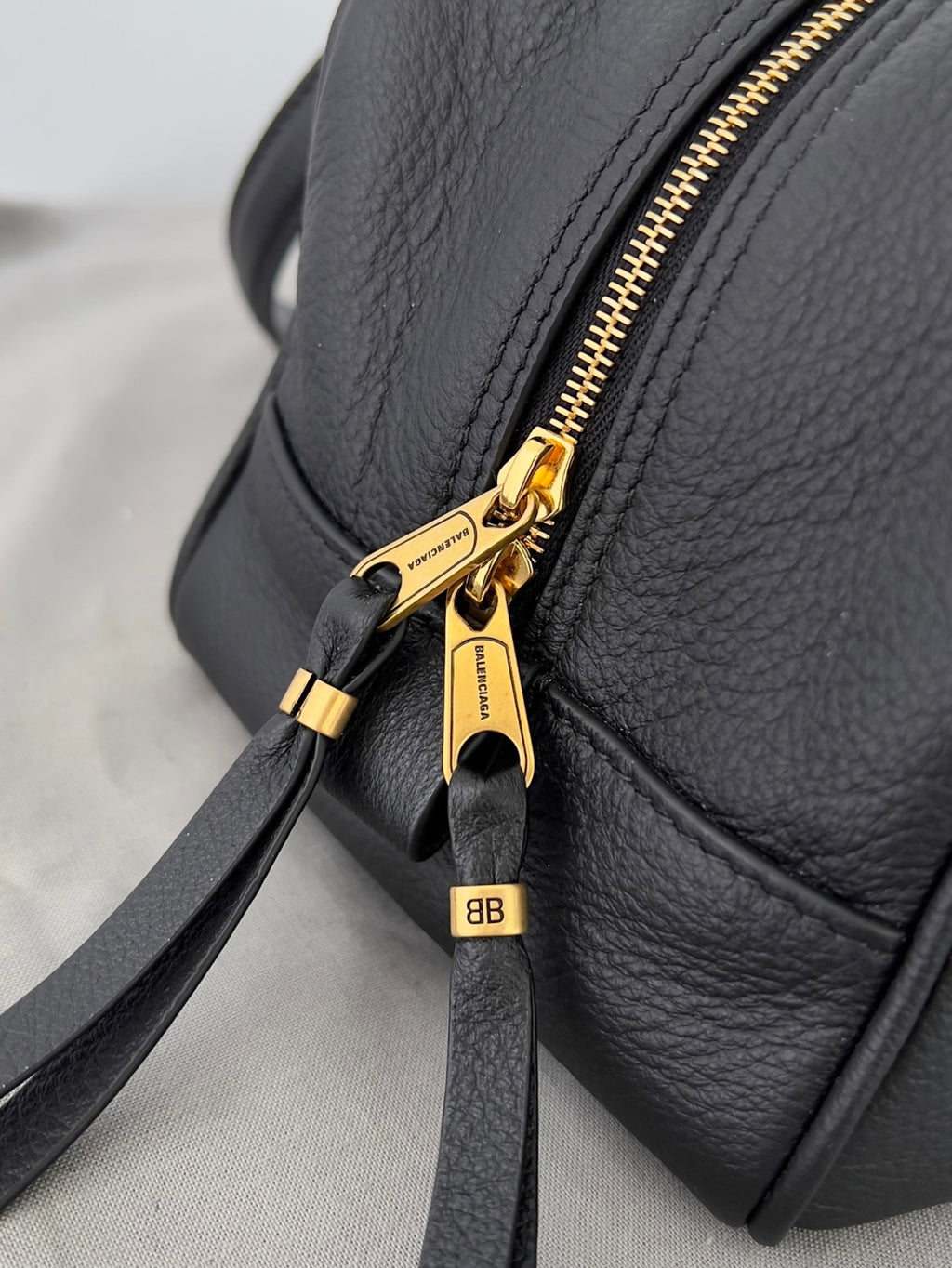 Balenciaga Men's Carrie Black Cowhide Small Bowling Bag with Aged Gold Metallic Accessories Handbag Bags #76257